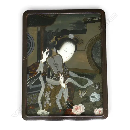 VINTAGE JAPANESE REVERSE GLASS PAINTING of LADY, H.600x480mm 