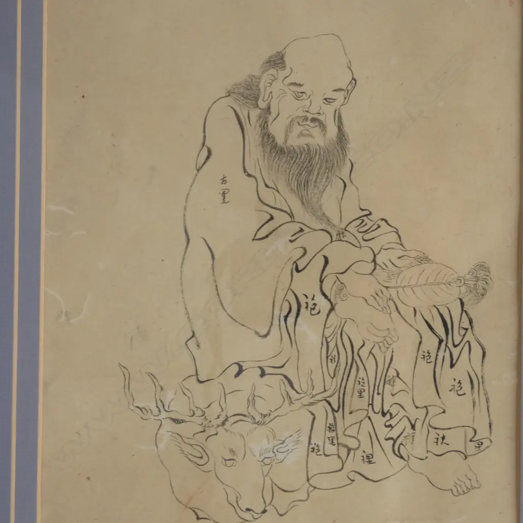 OLD INK DRAWING of the TAOIST IMMORTAL ZHONGLI QUAN ? With calligraphy some faults. 295 x 190mm Image 1++