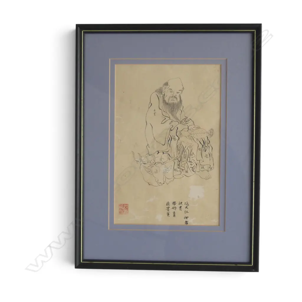 OLD INK DRAWING of the TAOIST IMMORTAL ZHONGLI QUAN ? With calligraphy some faults. 295 x 190mm Image 1++
