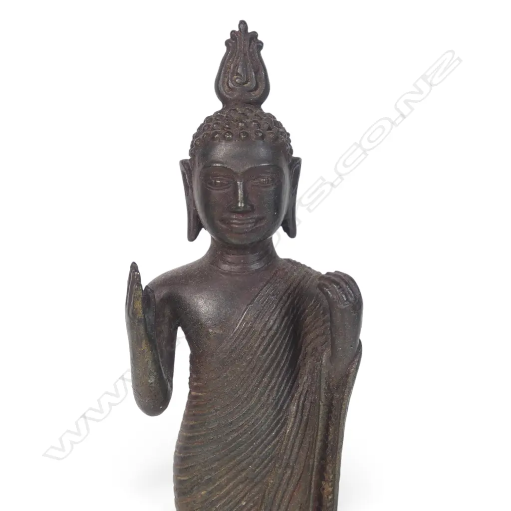SRI LANKAN BRONZE STATUE OF STANDING BUDDHA WITH TYPICAL FLAMING USHNISHA (TOP OF THE HEAD), 80 X 260MM Image 1++