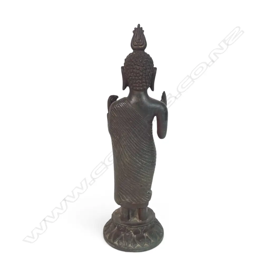 SRI LANKAN BRONZE STATUE OF STANDING BUDDHA WITH TYPICAL FLAMING USHNISHA (TOP OF THE HEAD), 80 X 260MM Image 1++