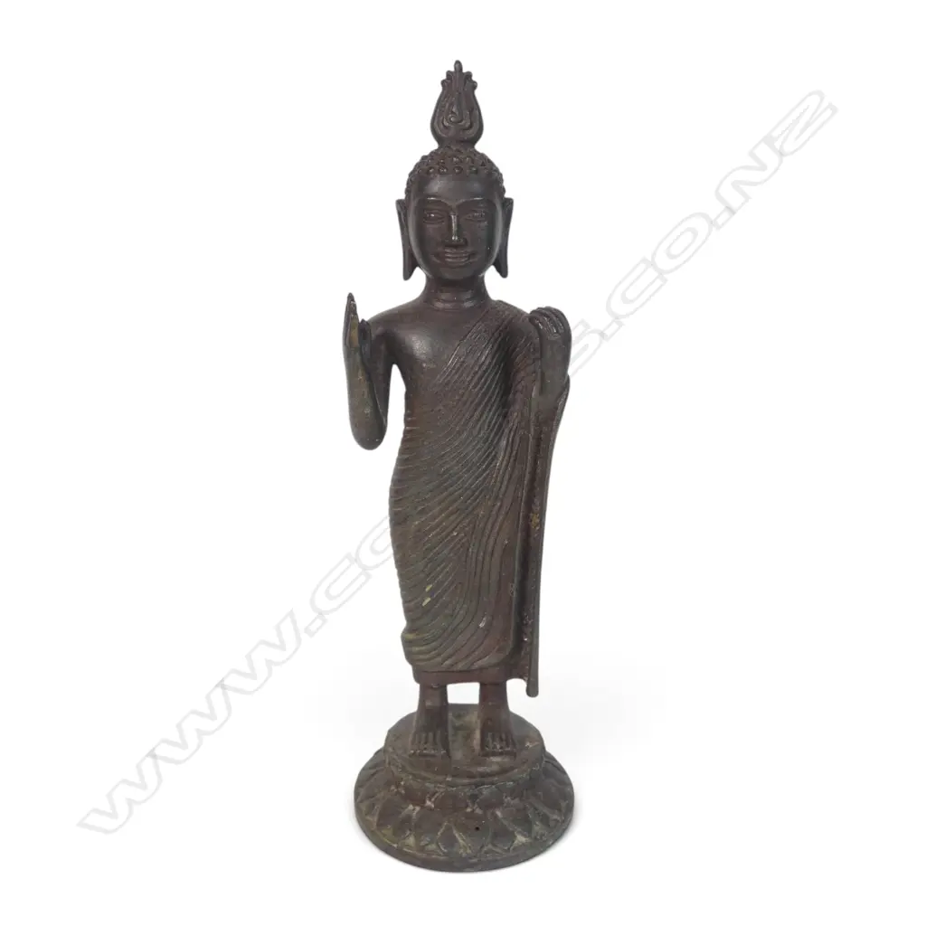 SRI LANKAN BRONZE STATUE OF STANDING BUDDHA WITH TYPICAL FLAMING USHNISHA (TOP OF THE HEAD), 80 X 260MM Image 1++