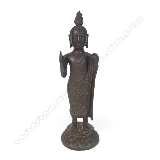 SRI LANKAN BRONZE STATUE OF STANDING BUDDHA WITH TYPICAL FLAMING USHNISHA (TOP OF THE HEAD), 80 X 260MM