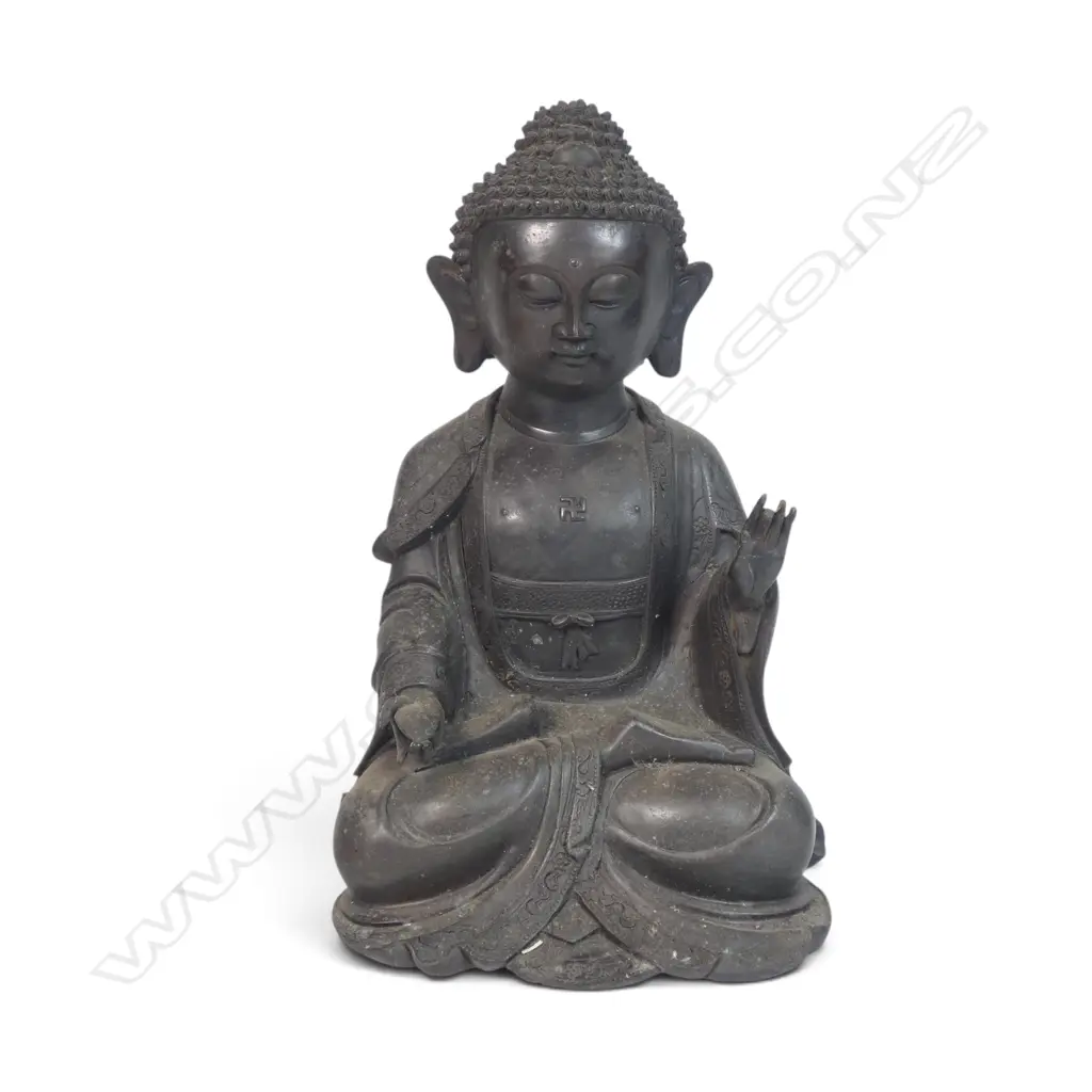 FINE CHINESE ANTIQUE STYLE BRONZED SEATED BUDDHA HOLDING A LOTUS BUD (SYMBOLE OF SPIRITUAL AWAKENING), 160 X 280MM Image 1++