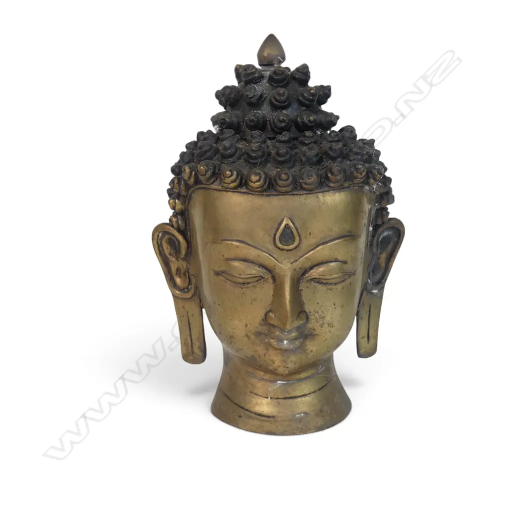 SINO- TIBETAN BRASS BUDDHA HEAD WITH PROMINENT URNA, H.180 X 70MM Image 1++