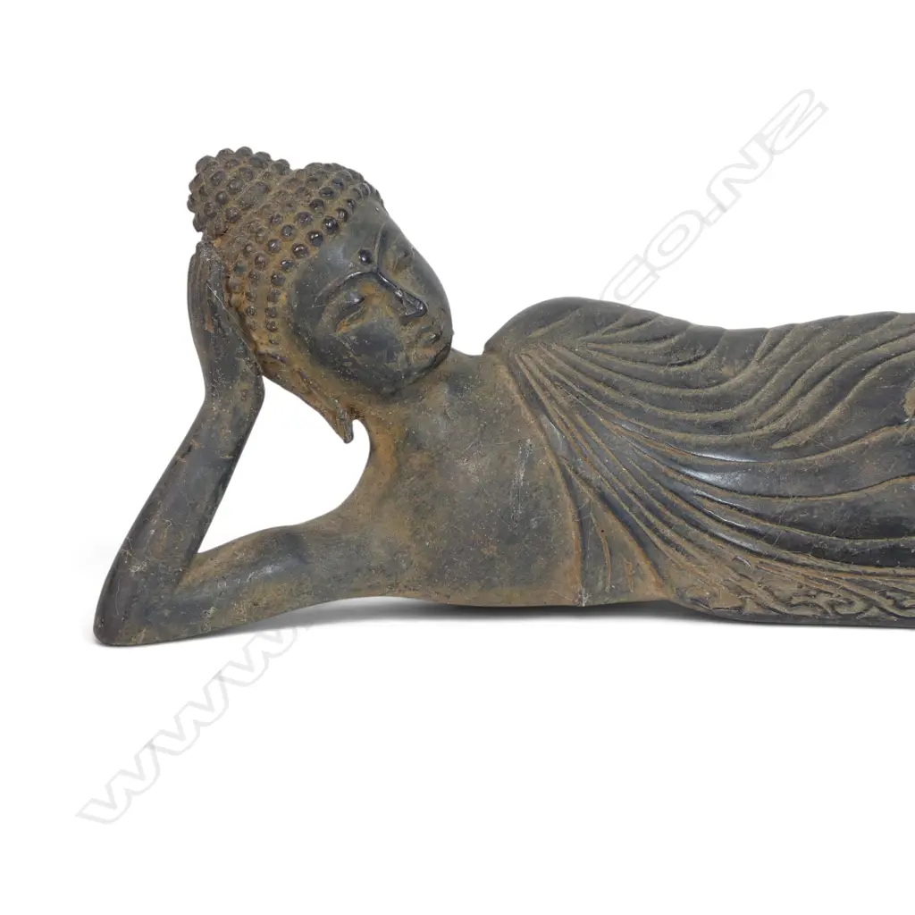 SOUTHEAST ASIAN CAST BRONZED RECLINING BUDDHA (FINAL MOMENTS BEFORE ENTERING NIRVANA). L.350M X 100MM Image 1++