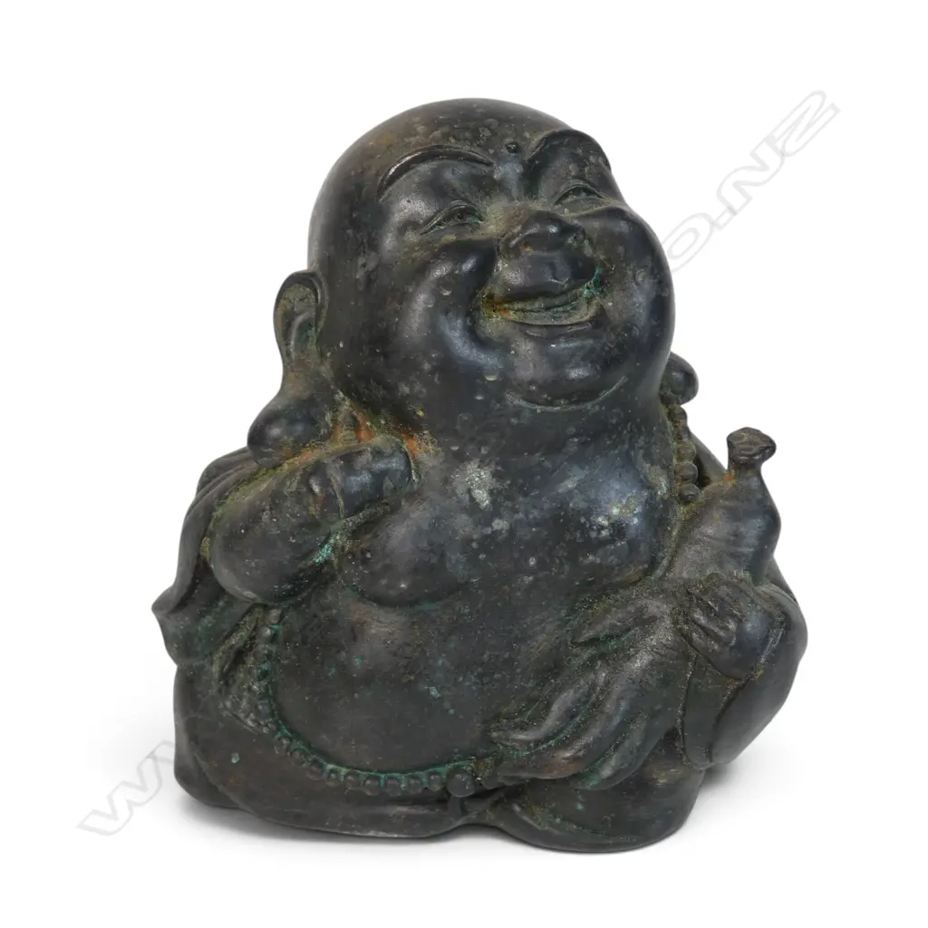 HEAVY BRONZED SCULPTURE OF A SEATED LAUGHING BUDDHA (BUDAI) WITH A HULU GOURD, 110 X 120MM Image 1++