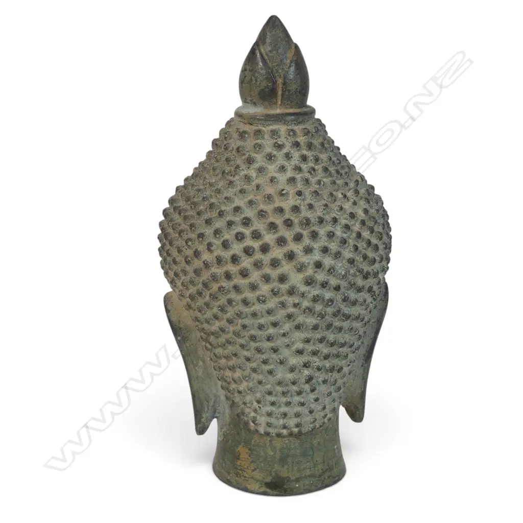 KHMER STYLE CAST BRONZE MEDITATIVE BUDDHA HEAD WITH AGED PATINA, 50 X 180MM Image 1++