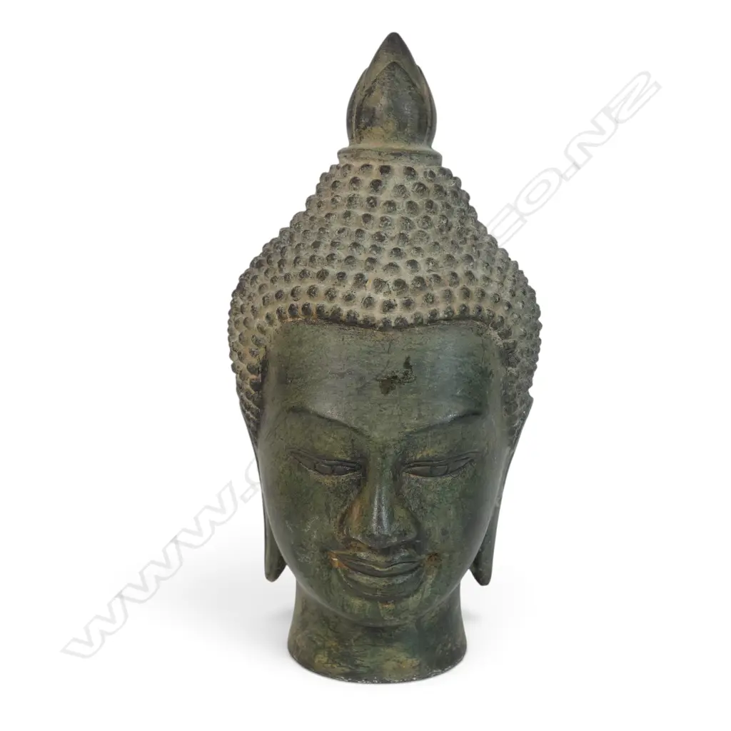 KHMER STYLE CAST BRONZE MEDITATIVE BUDDHA HEAD WITH AGED PATINA, 50 X 180MM Image 1++