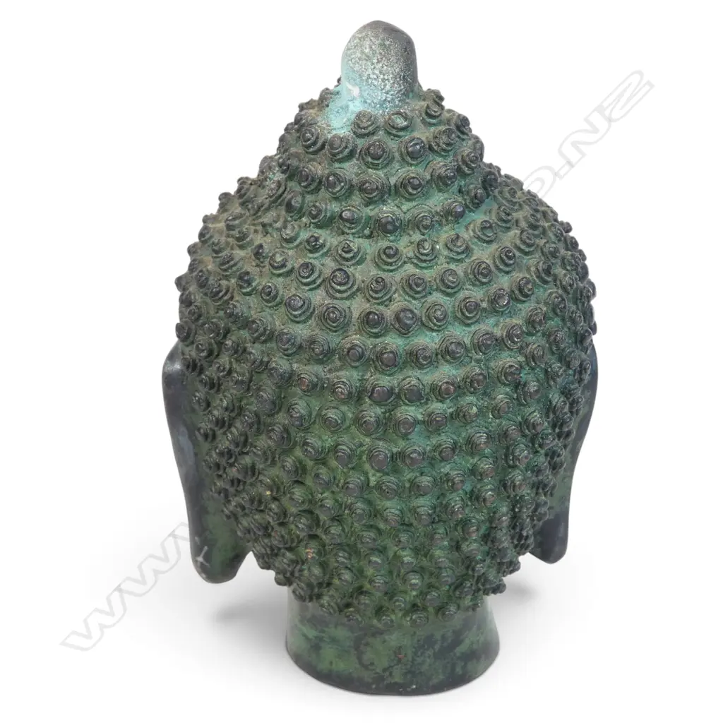 HEAVY BRONZED SHAKYAMUNI MEDITATIVE BUDDHA HEAD WITH VERDIGRIS PATINA, 50 X 140MM Image 1++