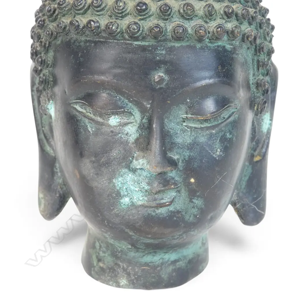 HEAVY BRONZED SHAKYAMUNI MEDITATIVE BUDDHA HEAD WITH VERDIGRIS PATINA, 50 X 140MM Image 1++