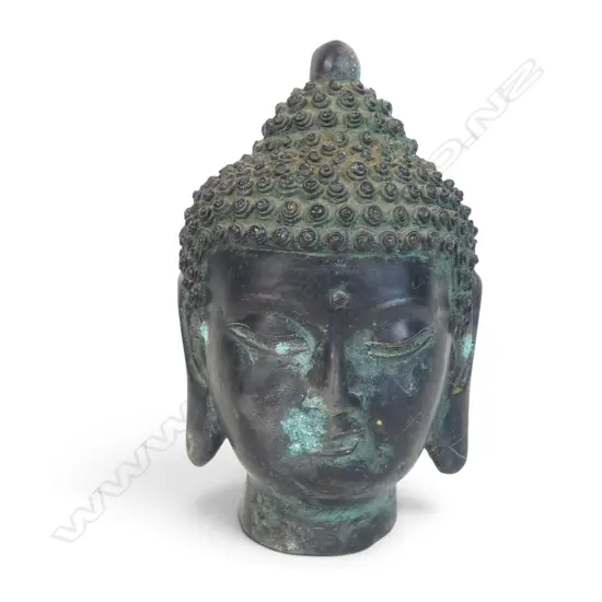 HEAVY BRONZED SHAKYAMUNI MEDITATIVE BUDDHA HEAD WITH VERDIGRIS PATINA, 50 X 140MM