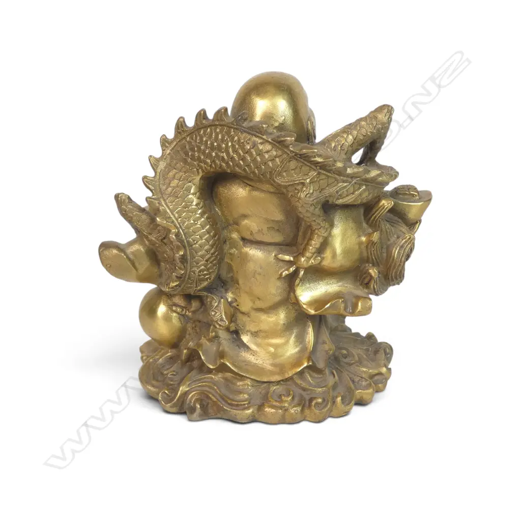 BRASS-FINISH  SCULPTURE OF LAUGHING BUDDHA (HOTEI) HOLDING A TRADITIONAL GOLD INGOT AND WRAPPING DRAGON, 120 X 160MM Image 1++