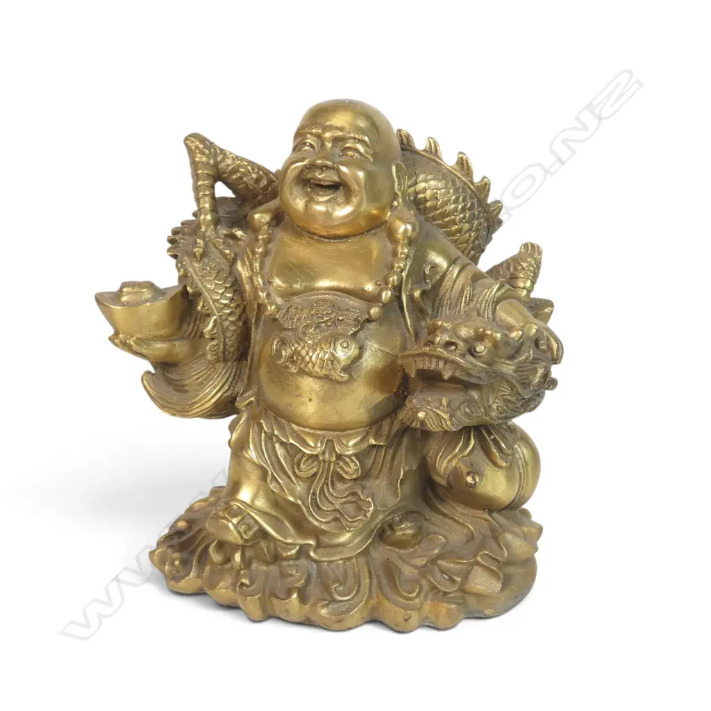 BRASS-FINISH  SCULPTURE OF LAUGHING BUDDHA (HOTEI) HOLDING A TRADITIONAL GOLD INGOT AND WRAPPING DRAGON, 120 X 160MM Image 1++