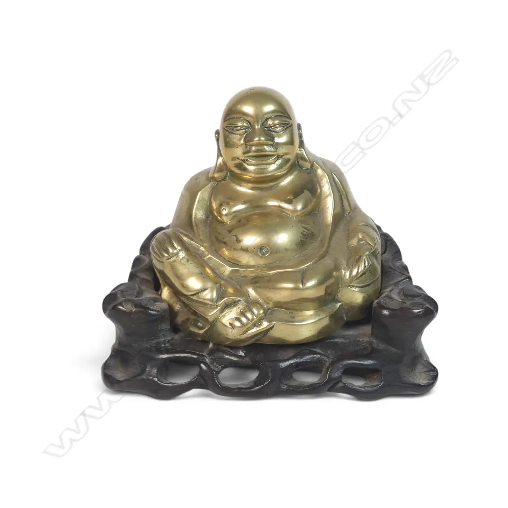 BRASS SEATED LAUGHING BUDDHA ON A WOODEN CARVED PEDESTAL Image 1++