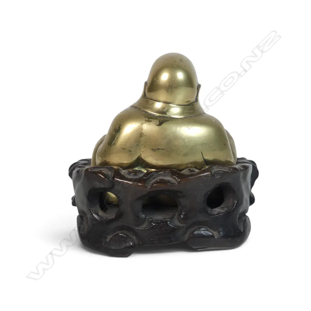 BRASS SEATED LAUGHING BUDDHA ON A WOODEN CARVED PEDESTAL Image 1++