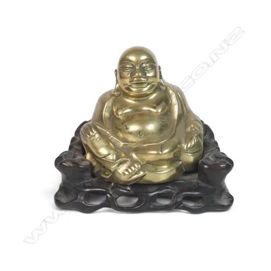 BRASS SEATED LAUGHING BUDDHA ON A WOODEN CARVED PEDESTAL