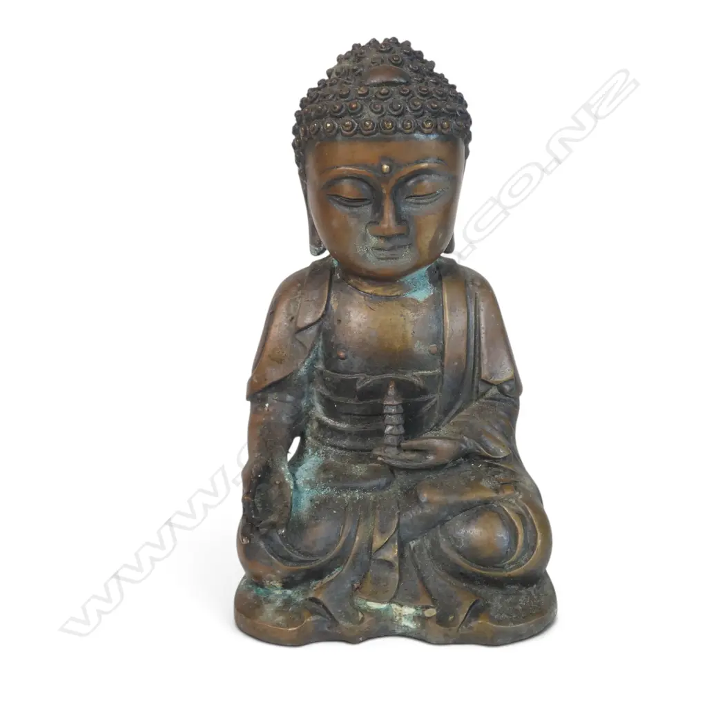 JAPANESE MEDICINE BUDDHA YAKUSHI NYORAI HOLDING A SMALL PAGODA TOWER, BASE FILLED WITH SANDY CLAY, 130 X 200MM Image 1++