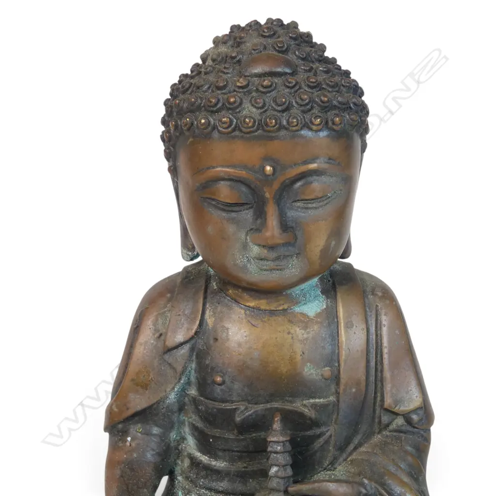 JAPANESE MEDICINE BUDDHA YAKUSHI NYORAI HOLDING A SMALL PAGODA TOWER, BASE FILLED WITH SANDY CLAY, 130 X 200MM Image 1++