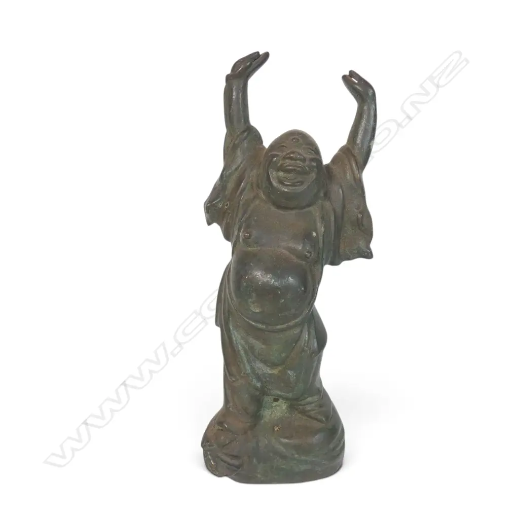 HEAVY BRONZED SCULPTURE OF LAUGHING BUDDHA (HOTEI) WITH VERDIGRIS PATINA, 80 X 230MM Image 1++