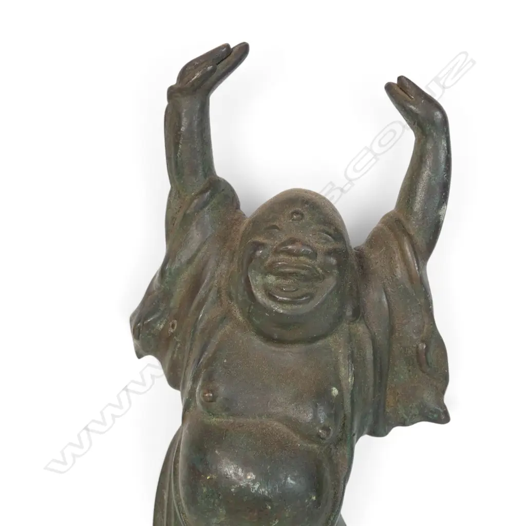 HEAVY BRONZED SCULPTURE OF LAUGHING BUDDHA (HOTEI) WITH VERDIGRIS PATINA, 80 X 230MM Image 1++