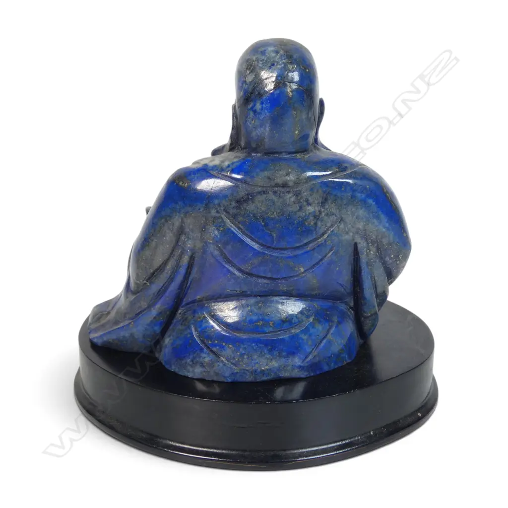 CHINESE HAND CARVED BLUE LAPIS LAZULI SCULPTURE OF A SEATED LAUGHING BUDDHA (BUDAI) ON A BASE, 120 X 110MM Image 1++