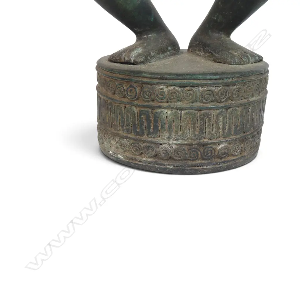 BRONZED SCULPTURE FROM THE DAYAK PEOPLE OF BORNEO OF AN HAMPATONG ANCESTRAL GUARDIAN IN CROUCHED POSTURE, 100 X 320MM Image 1++