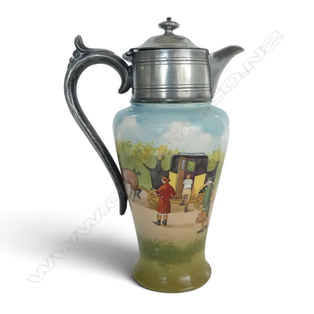 RARE ROYAL DOULTON COACHING WARE BLUE SKY (1904-06) CLARET JUG w SILVER PLATE TOP, H.240mm Image 1++