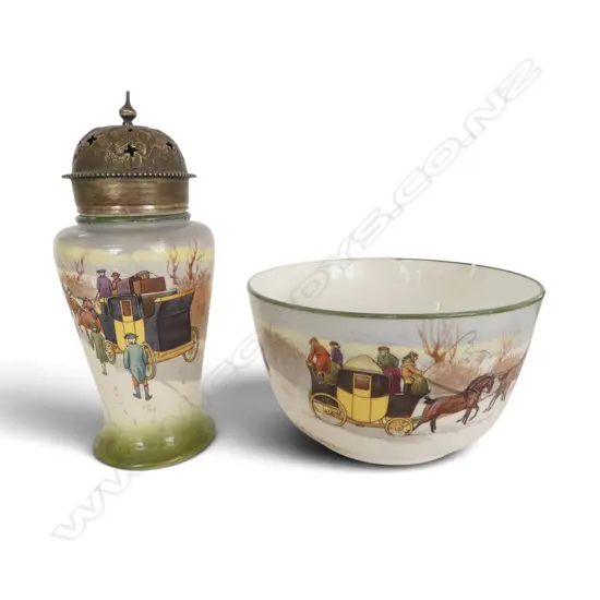 2 PCS ROYAL DOULTON COACHING WARE in WINTER COLOURS; SUGAR SHAKER, H.150mm & SUGAR BOWL, Dia.125mm