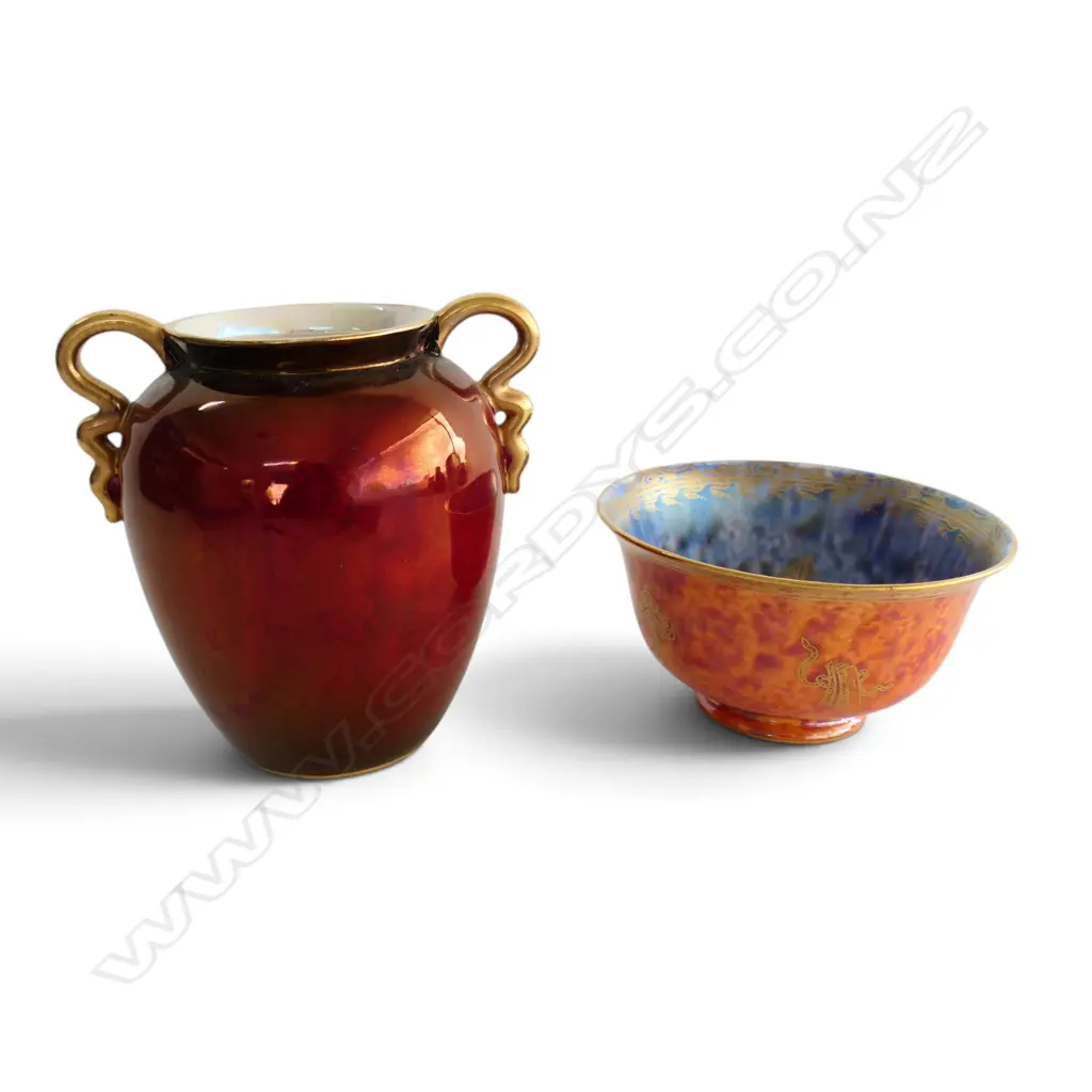 WEGWOOD BUTTERFLY FAIRYLAND LUSTRE BOWL & CARLTON WARE 'ROUGE ROYALE' VASE H.110mm Image 1++