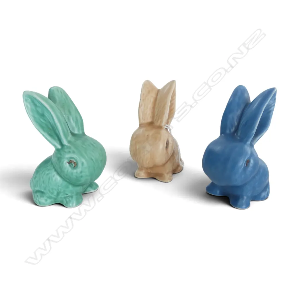 3 SYLVAC BUNNY RABBITS, BLUE, GREEN & BEIGE, H.100mm Image 1++