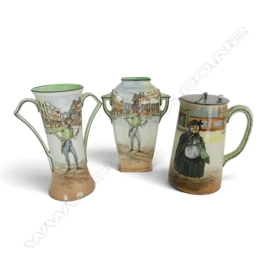 3 ROYAL DOULTON DICKENS WARE VASES one w metal lid, H.170/190/200mm