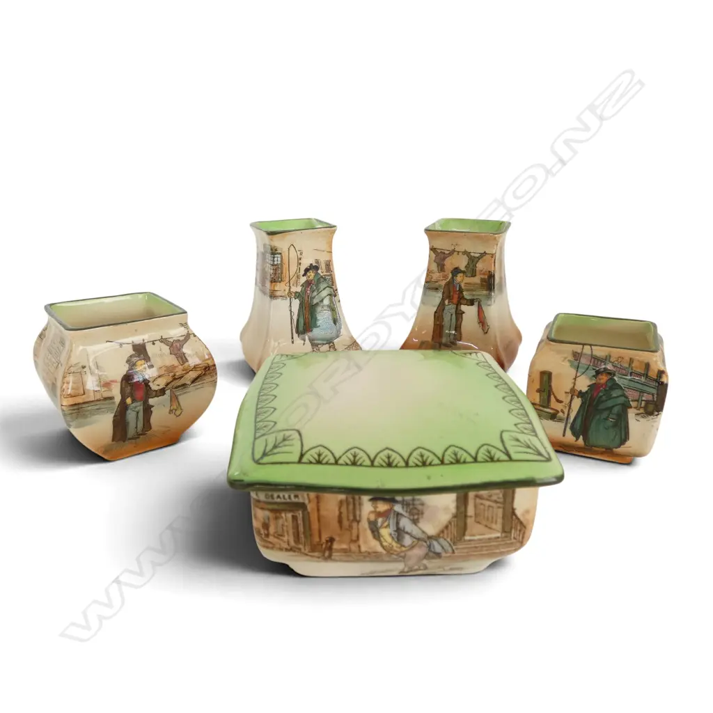 5 SML PCS ROYAL DOULTON DICKEN'S WARE; 4 VASES & TRINKET BOX, H.50,60,80mm, 90x90x45mm  Image 1++