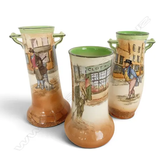 3 ROYAL DOULTON DICKEN'S WARE VASES, H.120,130,140mm
