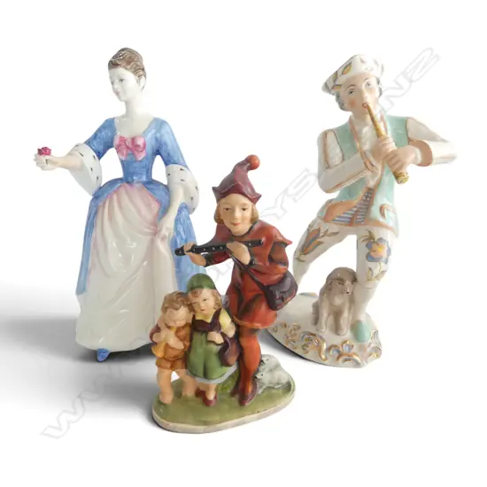 3 FIGURINES; ROYAL DOULTON 'VALERIE' H.200mm, WEDGWOOD SHEPHERD (HORN REPAIRED), FRIEDEL GERMANY FIGURE GROUP