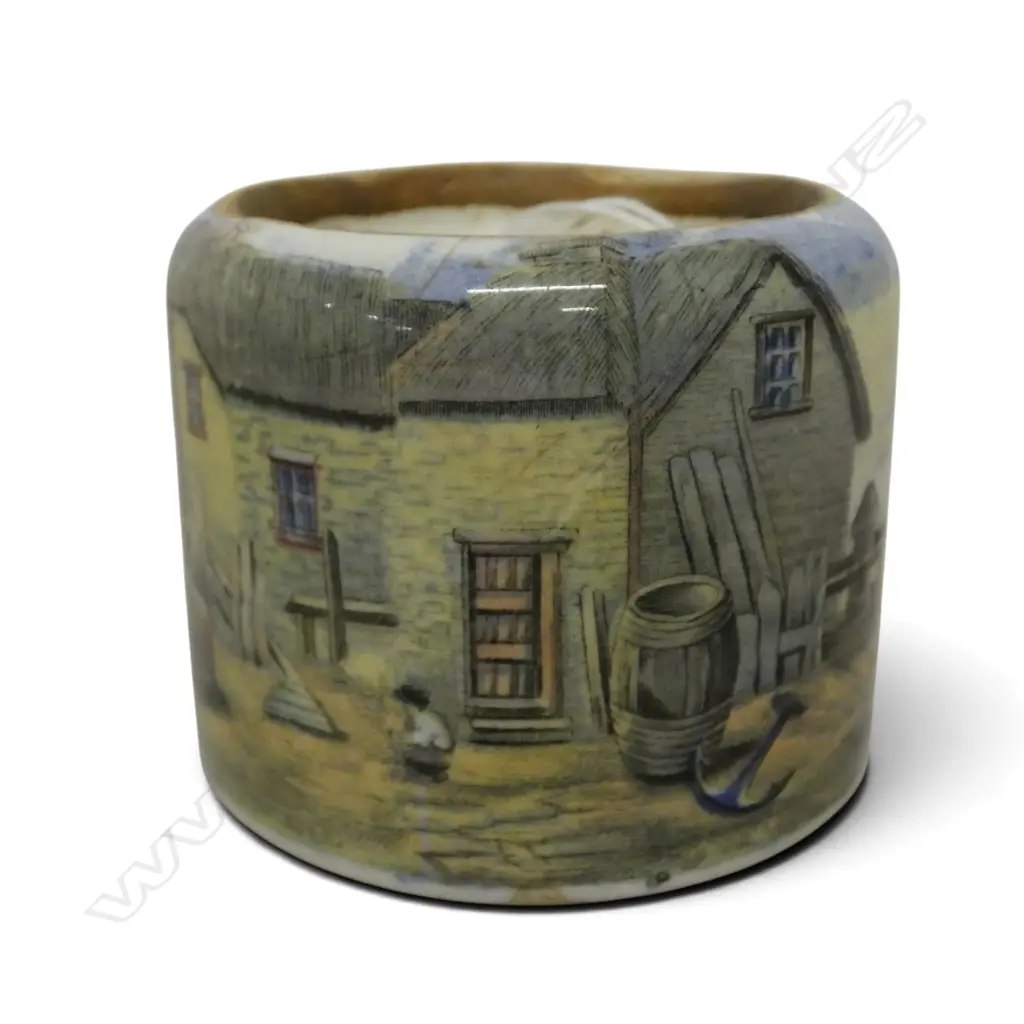 ANTIQUE PASTE POT fishing wharf scene H.60mm Image 1++