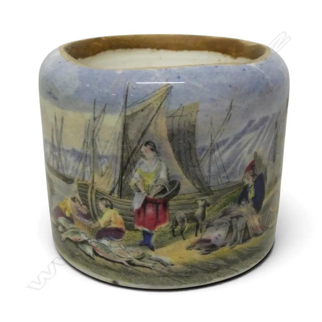 ANTIQUE PASTE POT fishing wharf scene H.60mm Image 1++