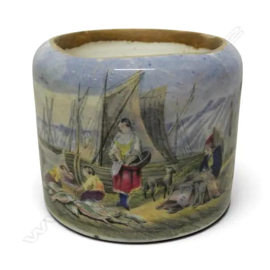 ANTIQUE PASTE POT fishing wharf scene H.60mm