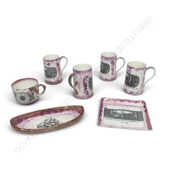7 PCES OF PINK LUSTRE WARE Incl. 5 SUNDERLAND 'VIEW OF THE IRON BRIDGE' W.275mm