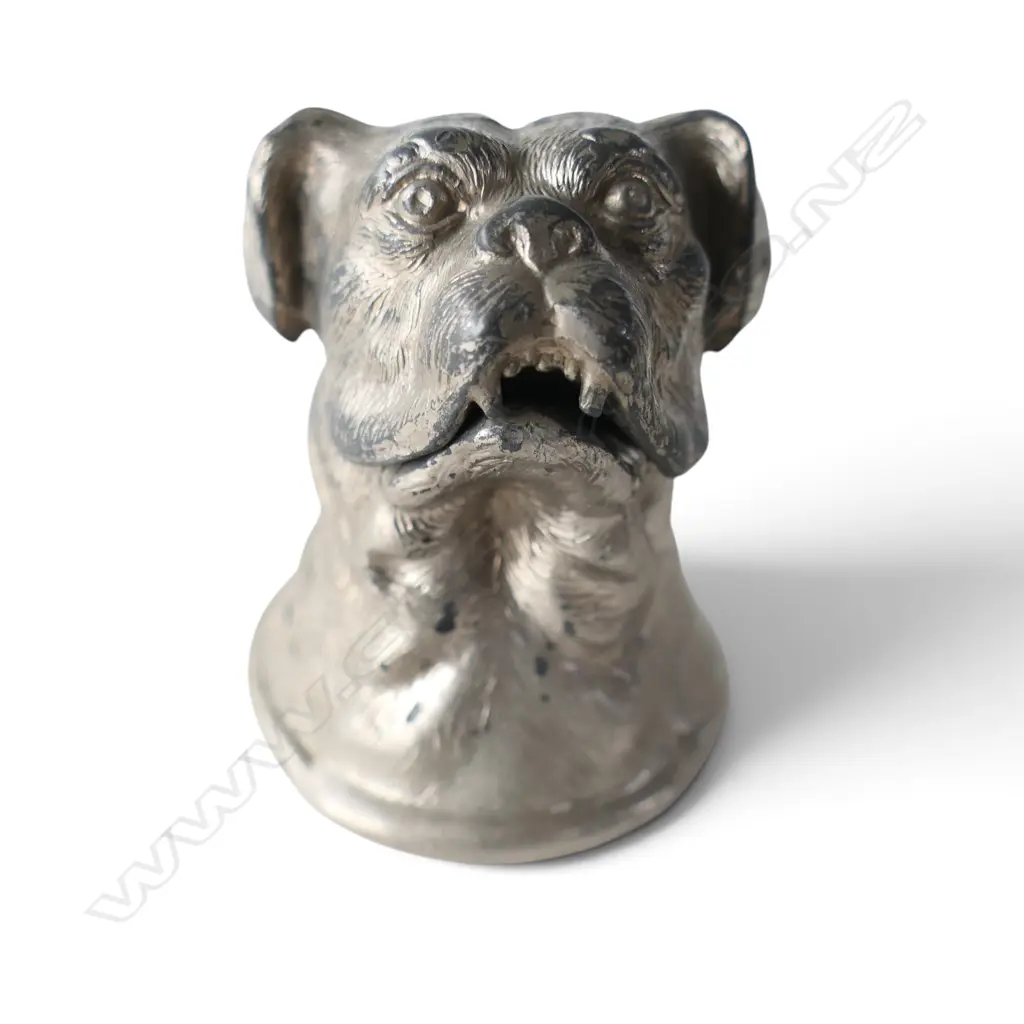 ANTIQUE FIGURAL BULLDOG INKWELL in silverplate with glass liner, W.65mm H.70mm Image 1++