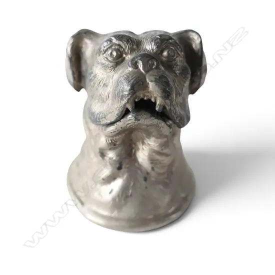 ANTIQUE FIGURAL BULLDOG INKWELL in silverplate with glass liner, W.65mm H.70mm
