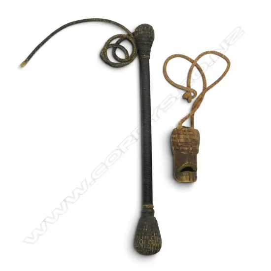 OLD CARVED HORN WHISTLE + WHIP L.260mm not including thong, part missing?