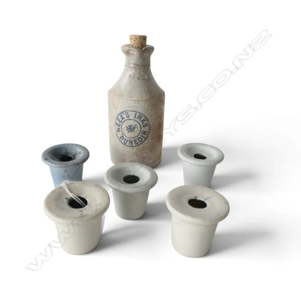 5 VICTORIAN PORCELAIN INKWELLS & MEEK'S DUNEDIN INK BOTTLE, H.130mm H.40mm Image 1++