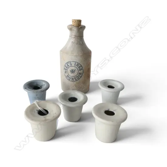 5 VICTORIAN PORCELAIN INKWELLS & MEEK'S DUNEDIN INK BOTTLE, H.130mm H.40mm