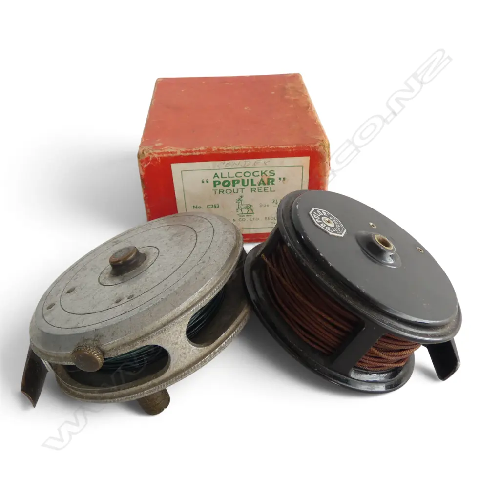 BOXED ALLCOCKS POPULAR TROUT REEL  & ANOTHER VINTAGE FRESHWATER REEL DIA100MM Image 1++
