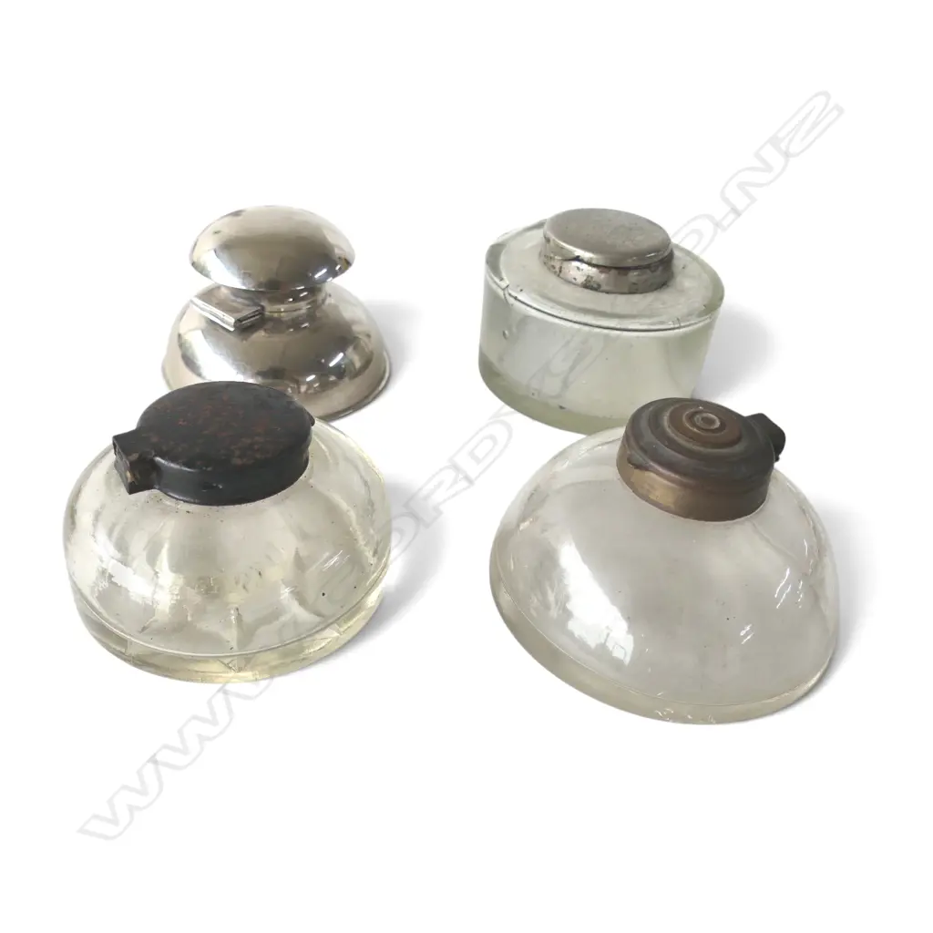 FOUR ANTIQUE LIDDED INKWELLS,  3 glass & 1 plated, Dia.75mm-90, H.55mmmm Image 1++