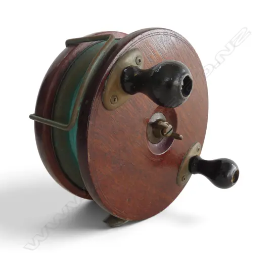 LARGE BRASS & WOOD VINTAGE SALMON REEL DIA160MM