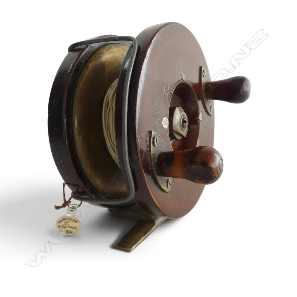 ANTIQUE BRASS & WOOD SALMON STAR REEL Image 1++