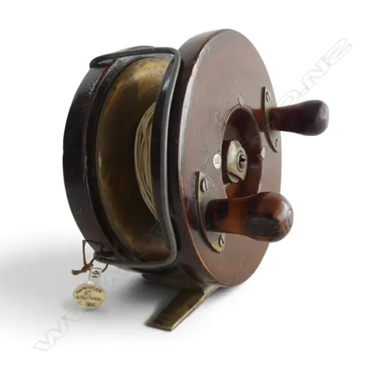 ANTIQUE BRASS & WOOD SALMON STAR REEL