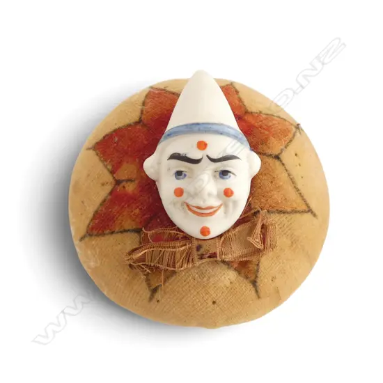 VINTAGE PIN CUSHION w PORCELAIN CLOWN, Dia.100mm